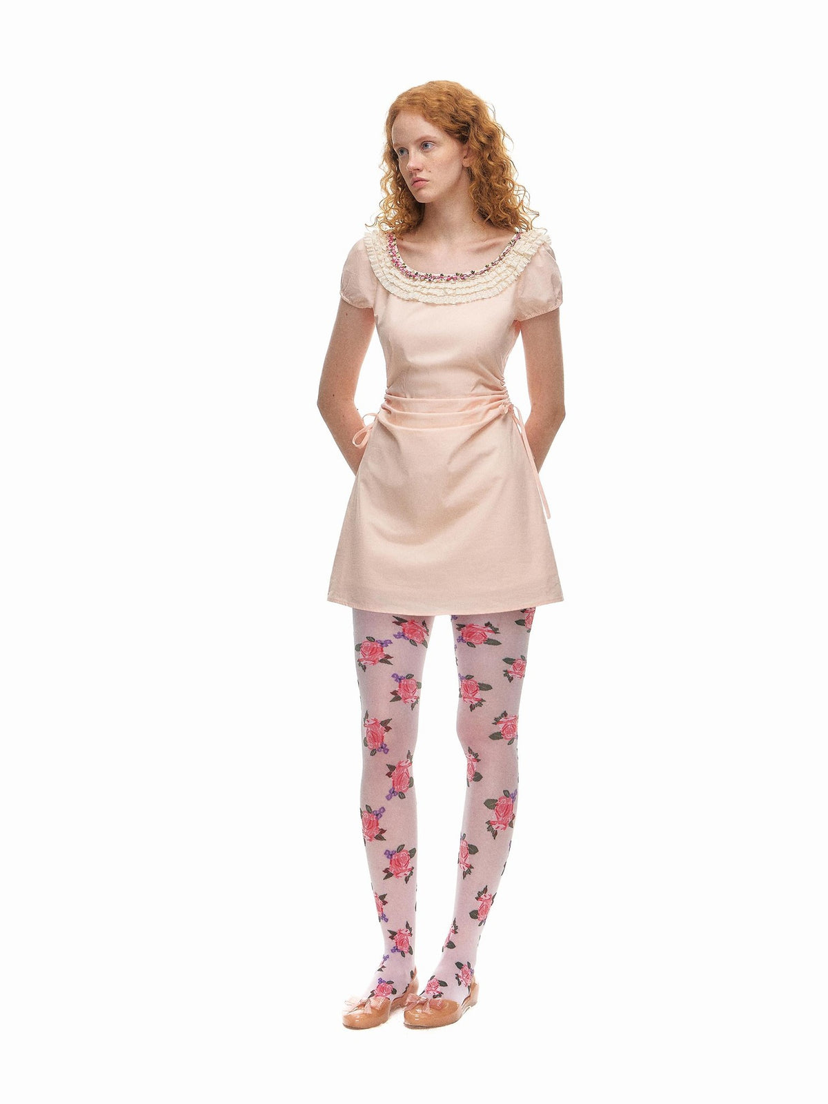 Romance Nanci Grapefruit Pink Lace U Neck Tie Waist Aline Women's Lyocell Casual Mini Dresses