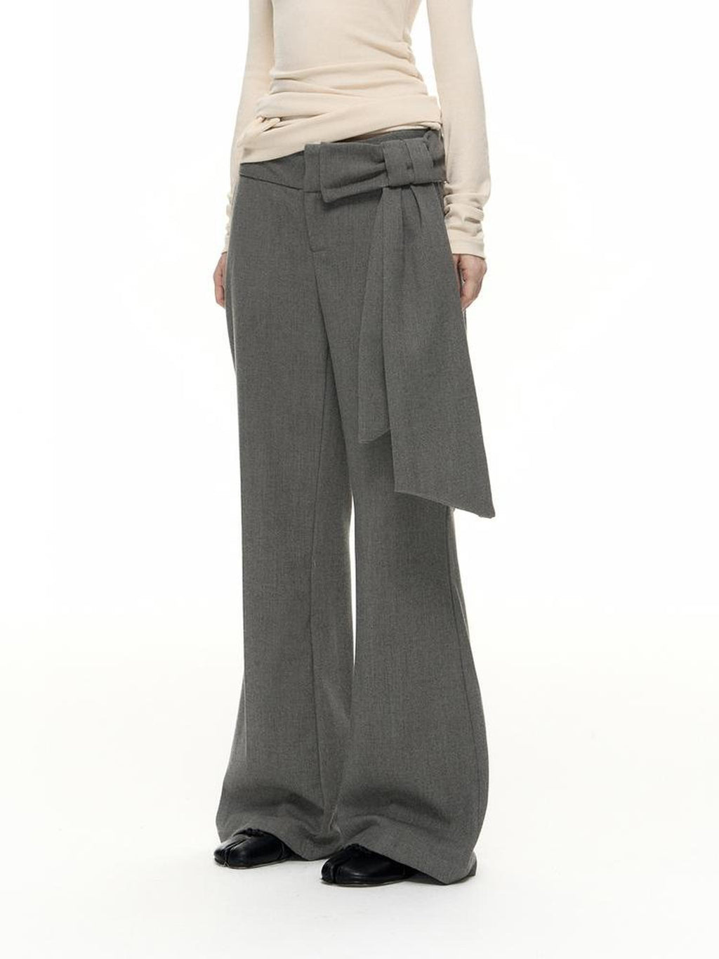 Romance Nanci Gray Detachable Bow Micro Flare Women's Polyester Blend Tailored Pants