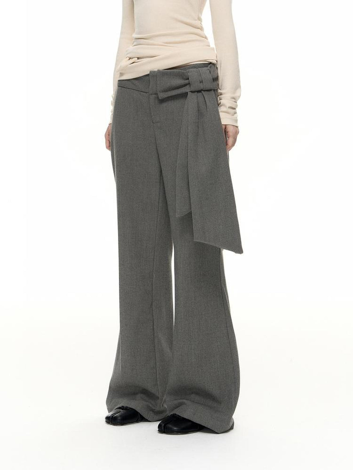 Romance Nanci Gray Detachable Bow Micro Flare Women's Polyester Blend Tailored Pants