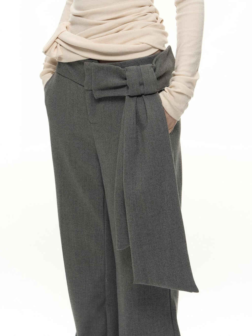 Romance Nanci Gray Detachable Bow Micro Flare Women's Polyester Blend Tailored Pants