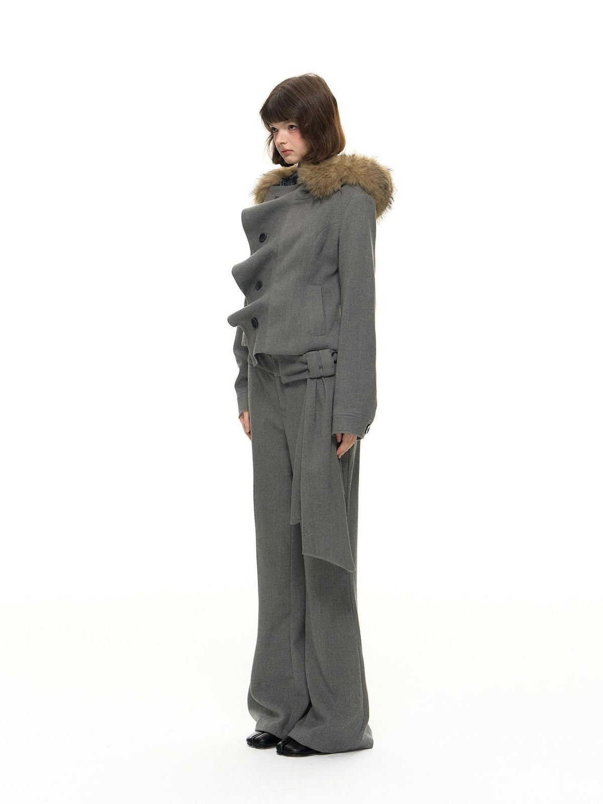 Romance Nanci Gray Detachable Bow Micro Flare Women's Polyester Blend Tailored Pants