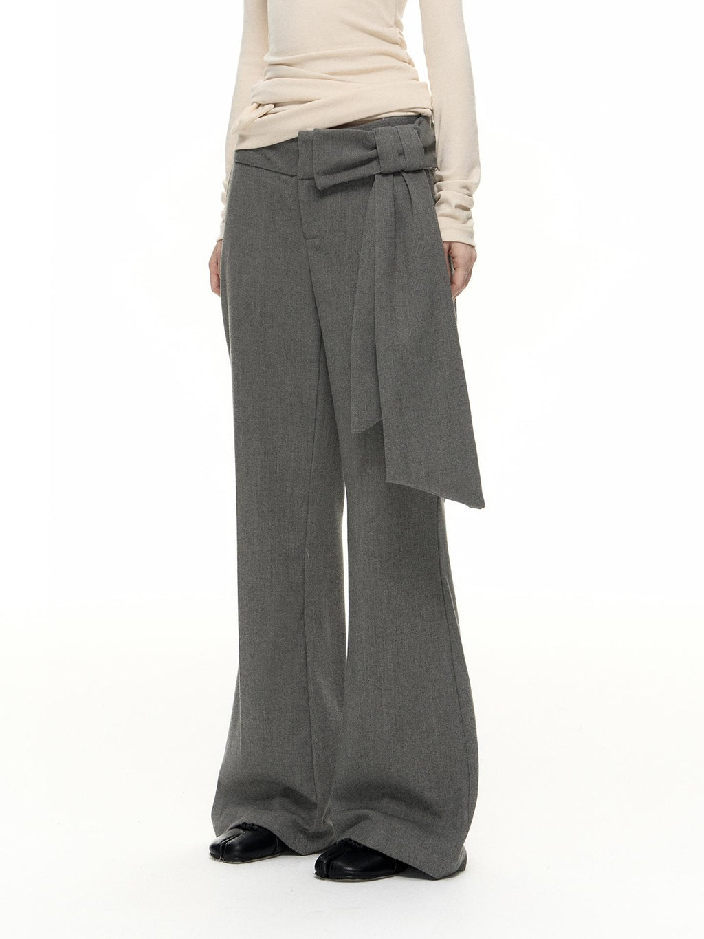 Romance Nanci Gray Detachable Bow Micro Flare Women's Polyester Blend Tailored Pants