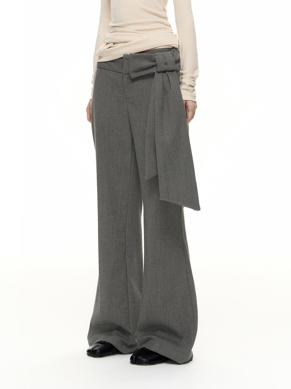 Romance Nanci Gray Detachable Bow Micro Flare Women's Polyester Blend Tailored Pants