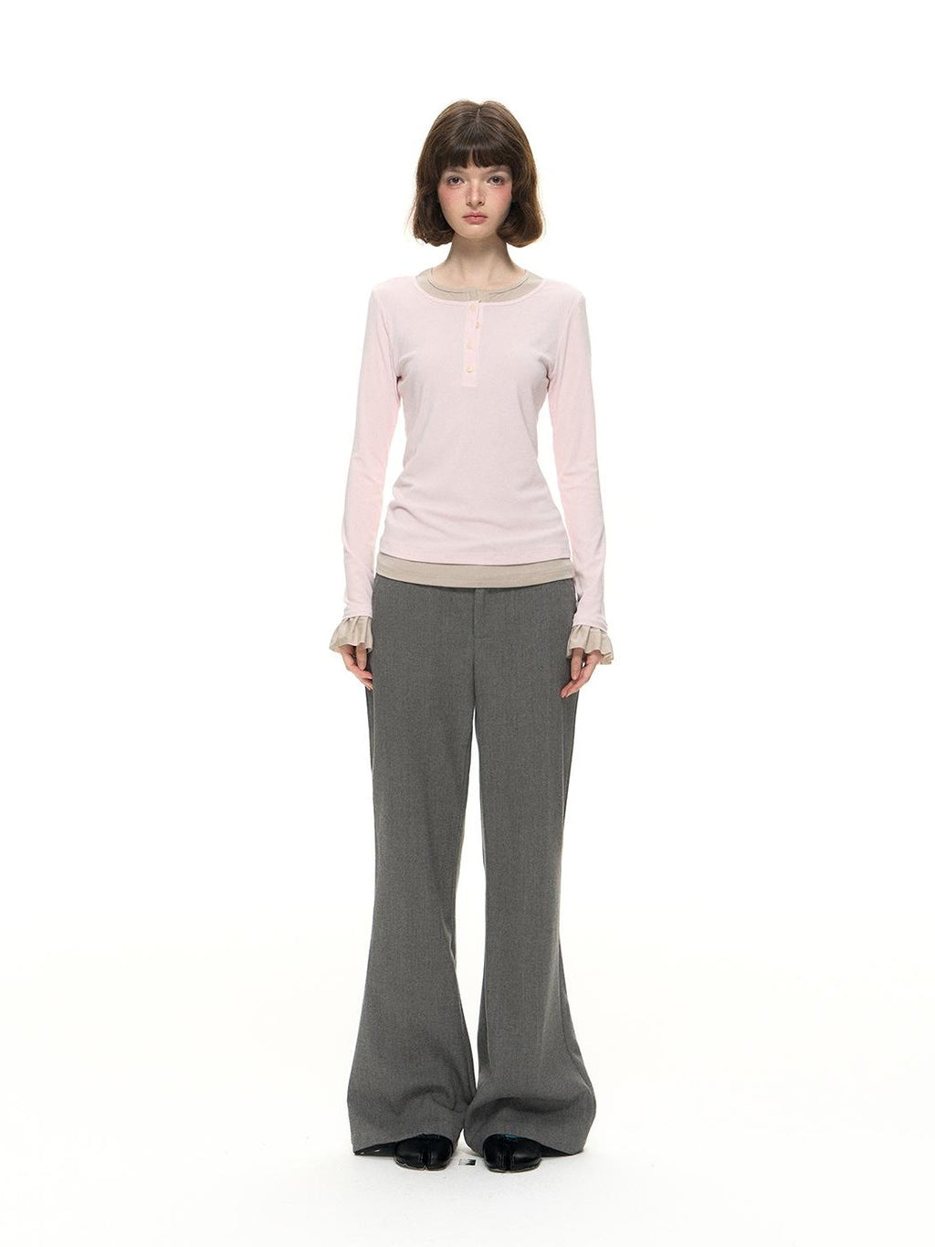 Romance Nanci Gray Detachable Bow Micro Flare Women's Polyester Blend Tailored Pants