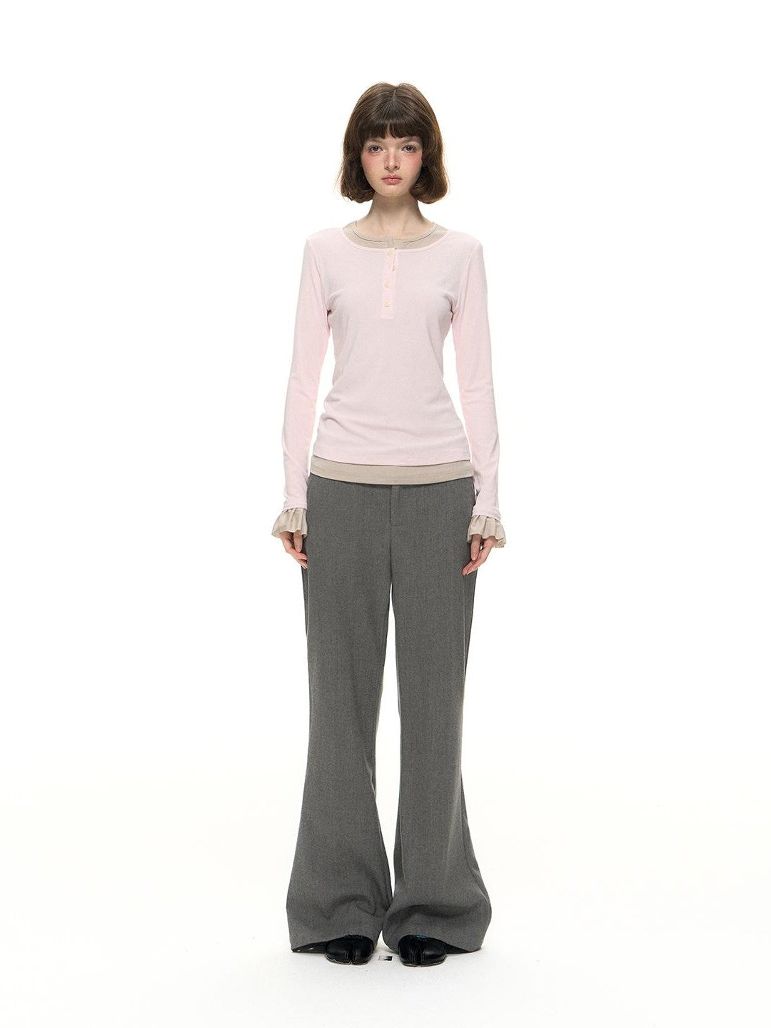 Romance Nanci Gray Detachable Bow Micro Flare Women's Polyester Blend Tailored Pants
