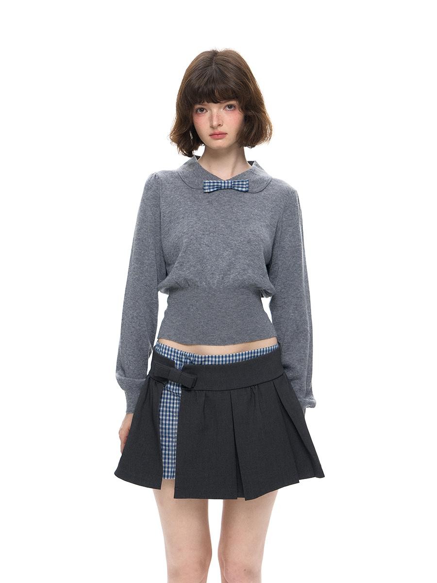 Romance Nanci Grey Plaid Patchwork Faux Two Piece Women's Poly Cotton Blend Pleated Skirts