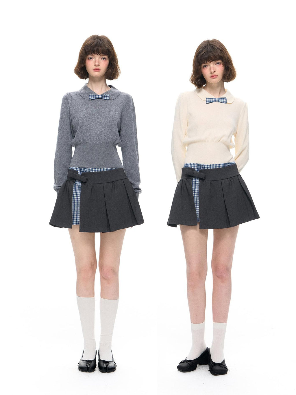 Romance Nanci Grey Plaid Patchwork Faux Two Piece Women's Poly Cotton Blend Pleated Skirts