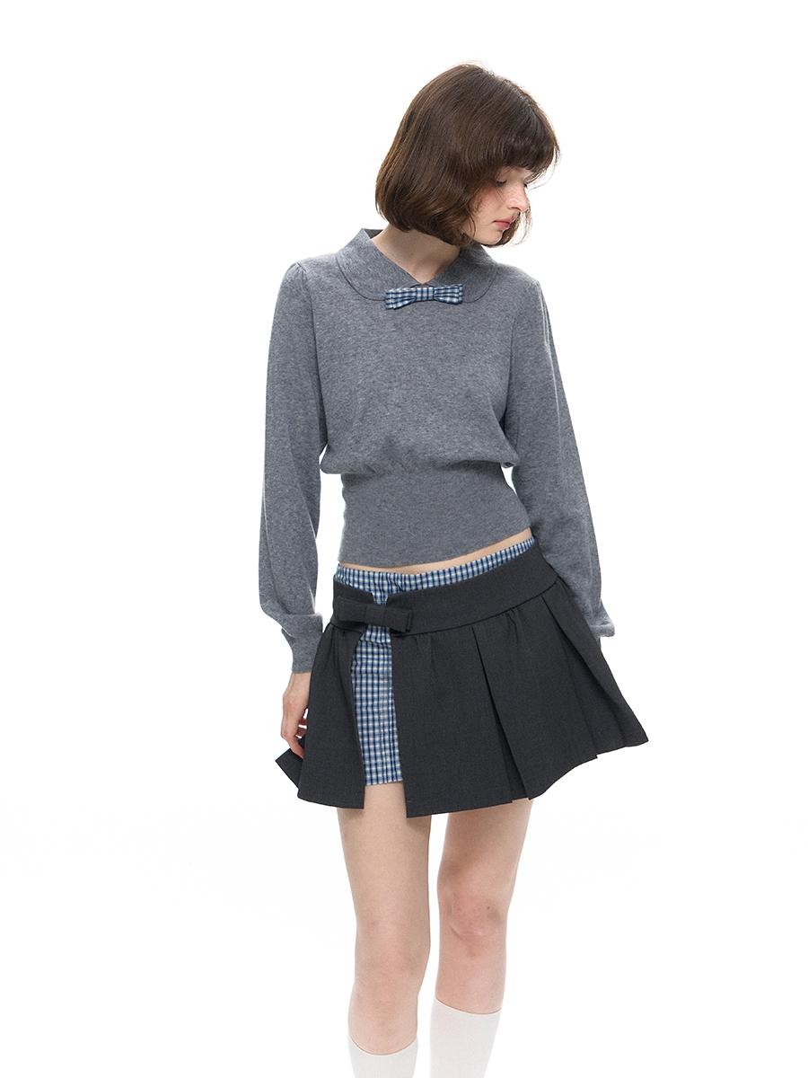 Romance Nanci Grey Plaid Patchwork Faux Two Piece Women's Poly Cotton Blend Pleated Skirts