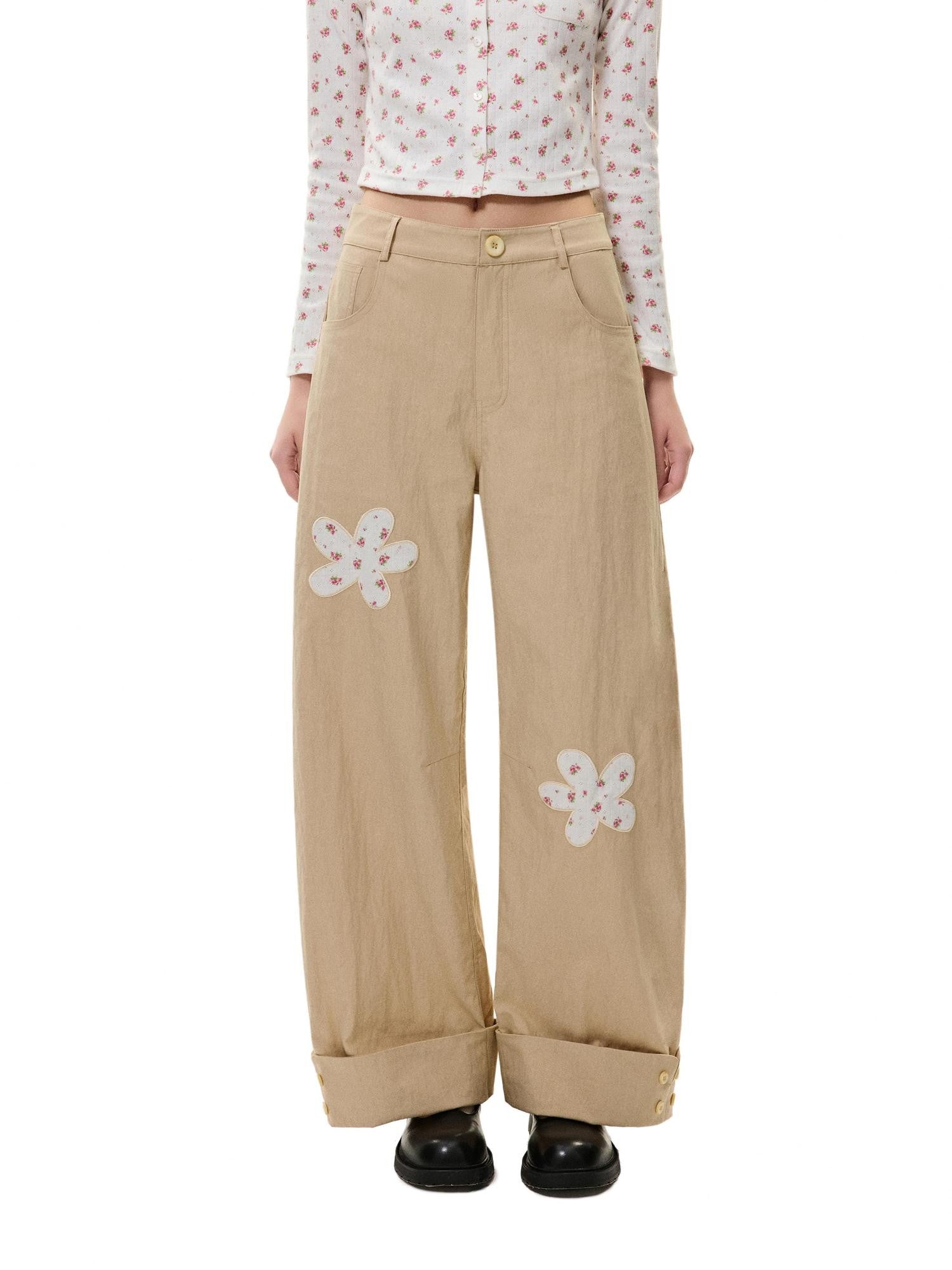 Romance Nanci Khaki Floral Patch Cuffed Straight Leg Women's Cotton Nylon Blend Chinos