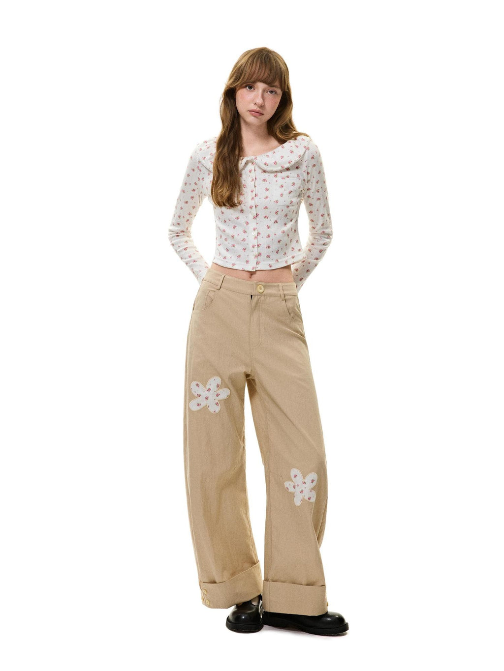 Romance Nanci Khaki Floral Patch Cuffed Straight Leg Women's Cotton Nylon Blend Chinos