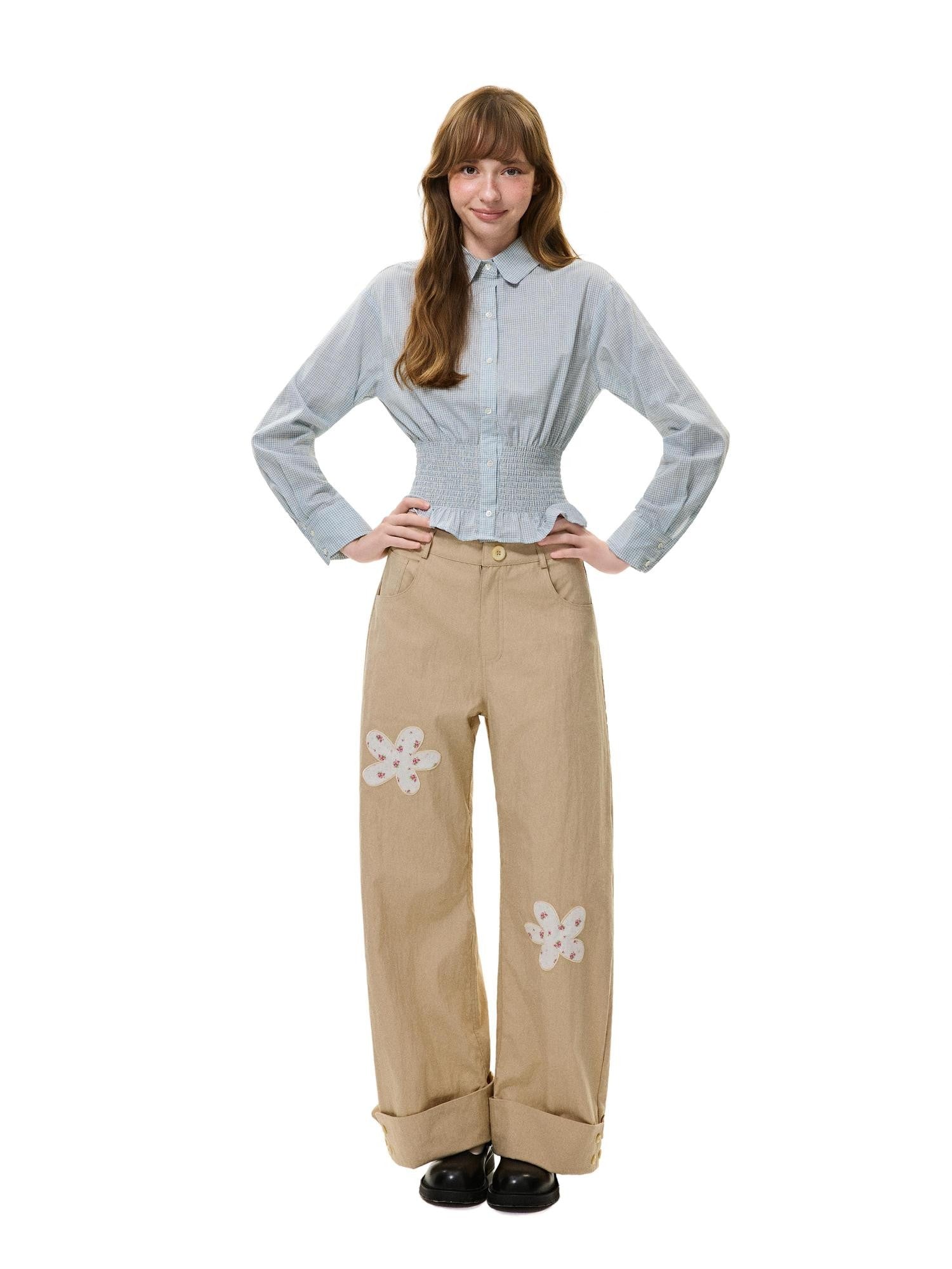 Romance Nanci Khaki Floral Patch Cuffed Straight Leg Women's Cotton Nylon Blend Chinos