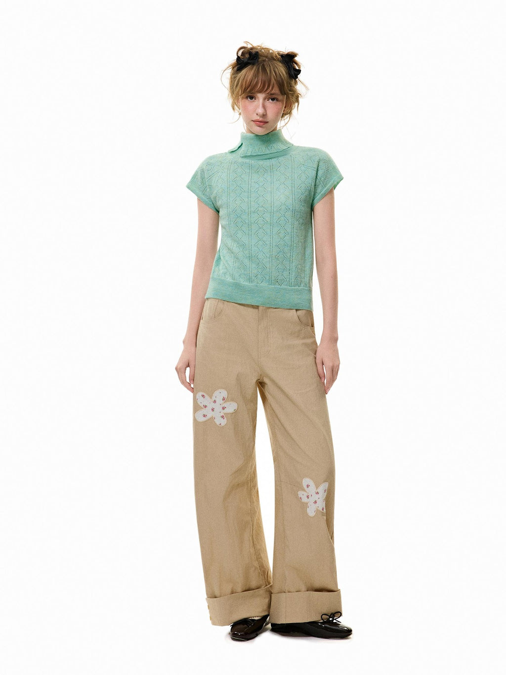 Romance Nanci Khaki Floral Patch Cuffed Straight Leg Women's Cotton Nylon Blend Chinos