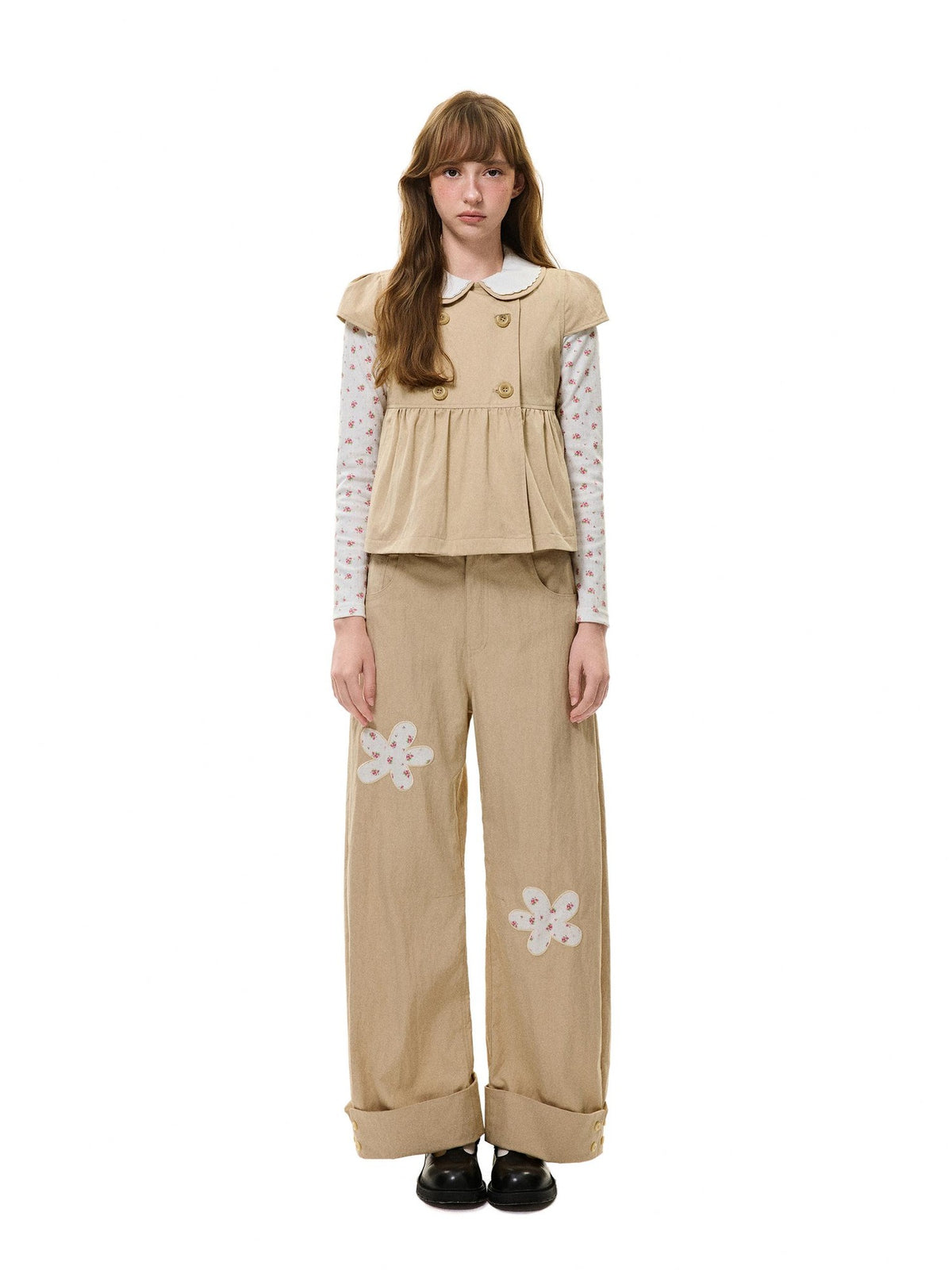 Romance Nanci Khaki Floral Patch Cuffed Straight Leg Women's Cotton Nylon Blend Chinos