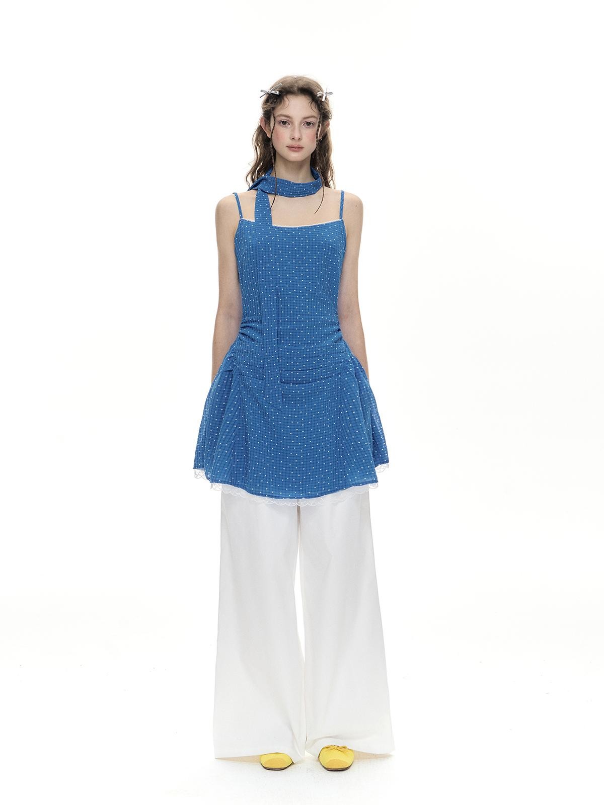 Romance Nanci Klein Blue Polka Dot High Waist A Line Women's Polyester Slip Mini Dresses