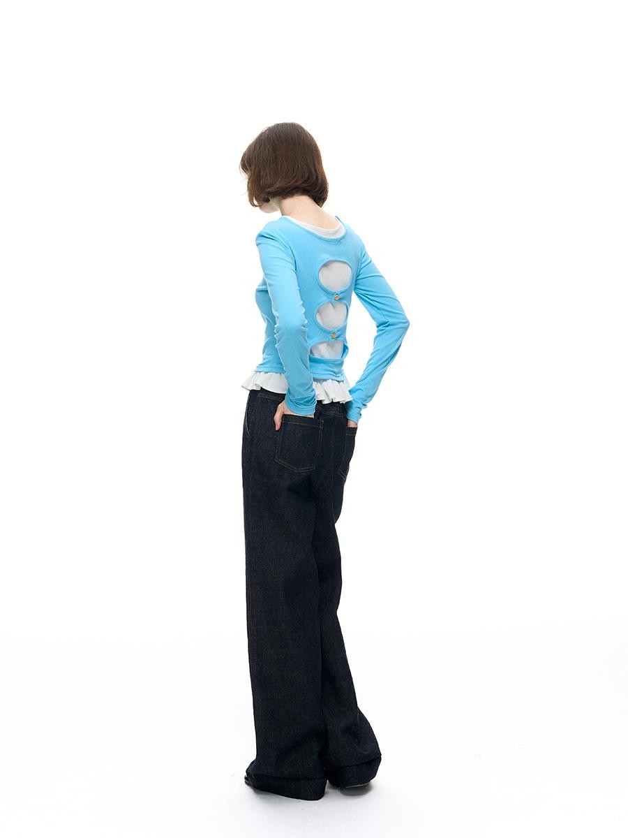 Romance Nanci Lace Trim Colorblock Layered Cutout Spliced Women's Cotton Long Sleeve T-shirts