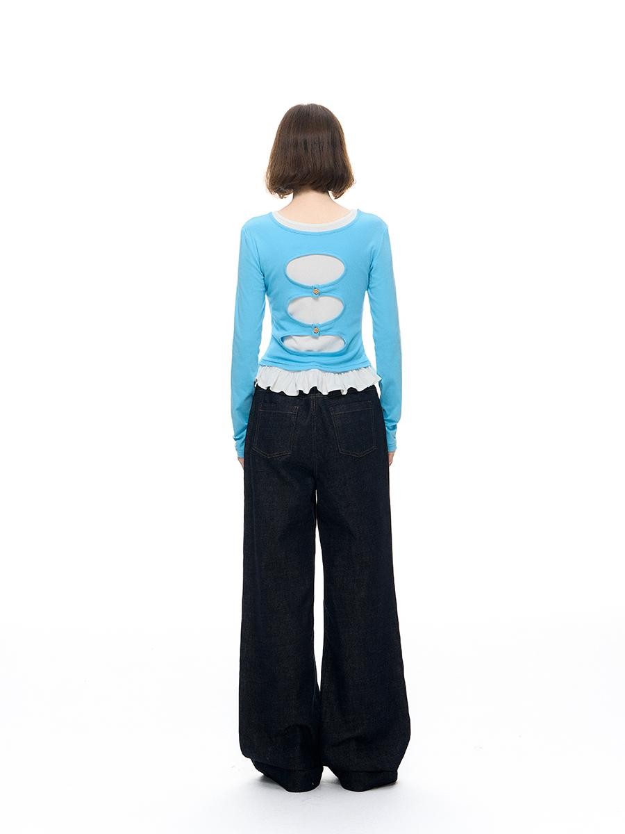 Romance Nanci Lace Trim Colorblock Layered Cutout Spliced Women's Cotton Long Sleeve T-shirts