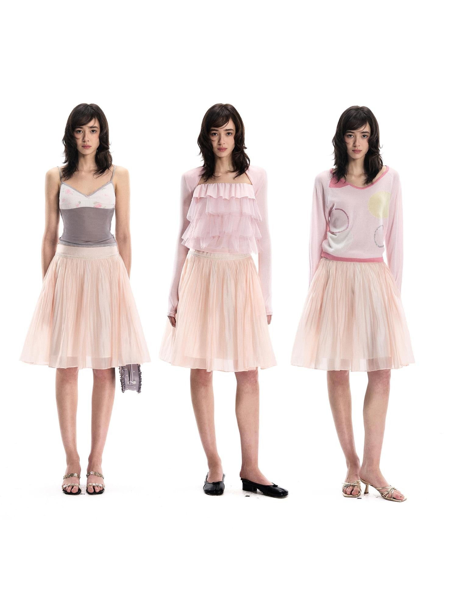 Romance Nanci Light Flowy Pink Pleated Flared Women's Polyester Blend Midi Skirts