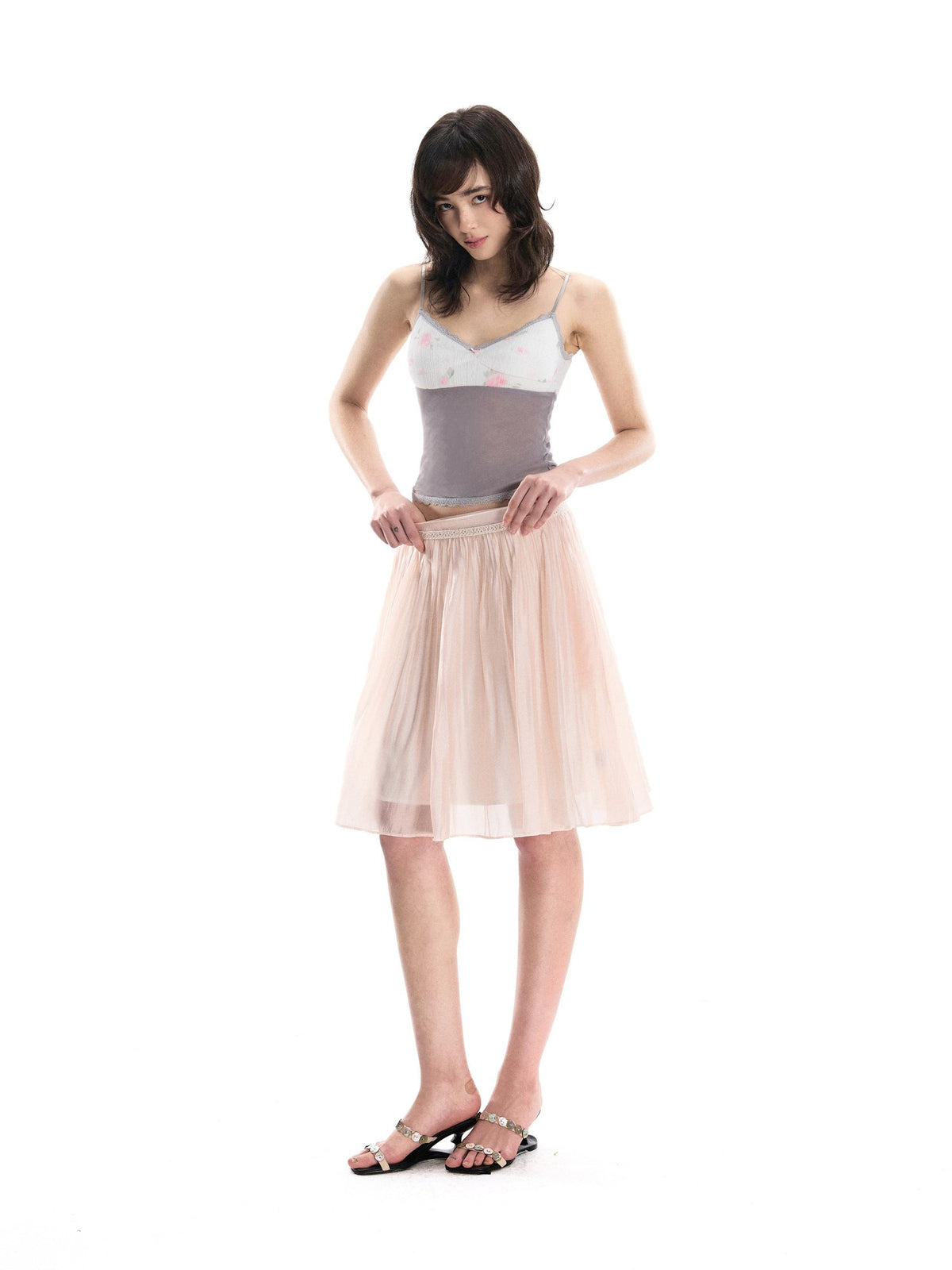 Romance Nanci Light Flowy Pink Pleated Flared Women's Polyester Blend Midi Skirts