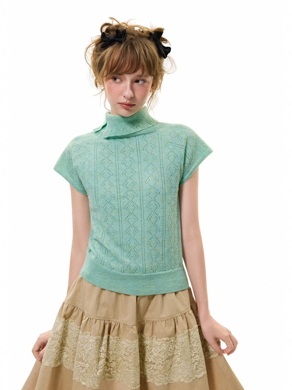 Romance Nanci Mint Crochet Raglan Short Sleeve Women's Knitted Turtleneck Sweaters