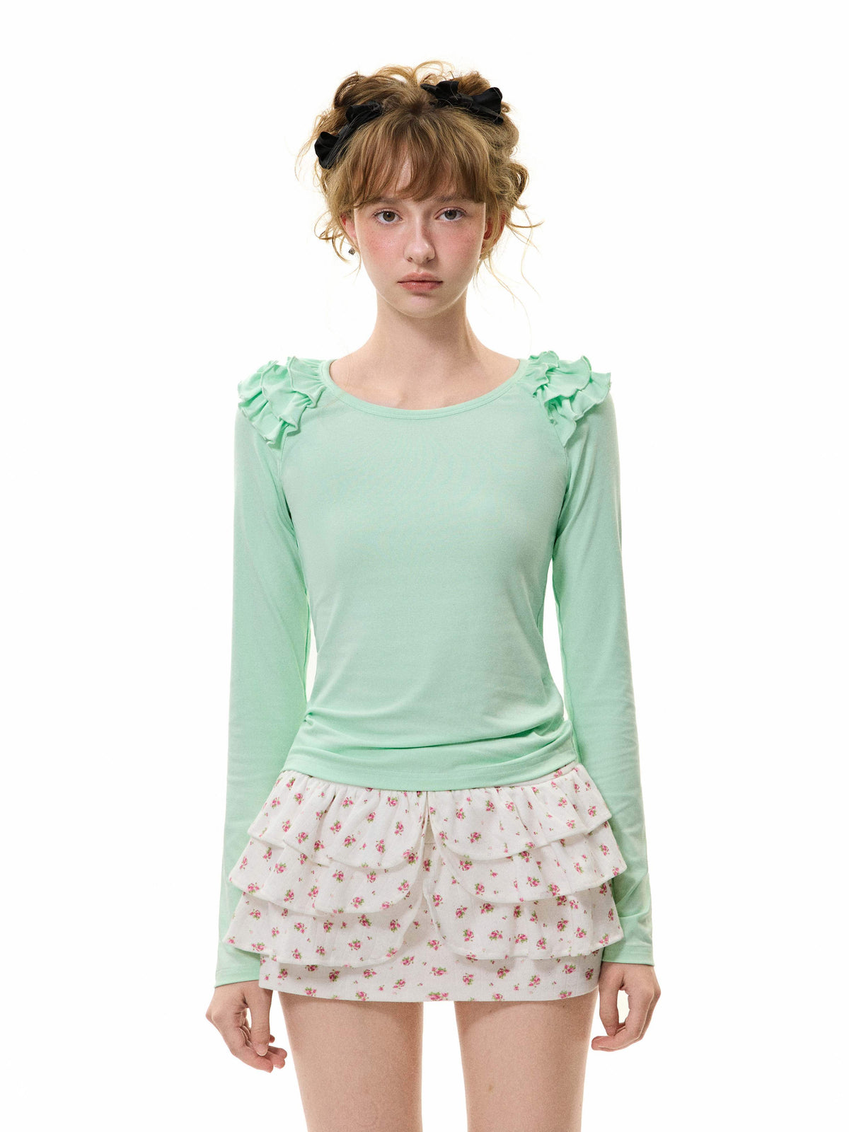 Romance_Nanci_Mint_Green_Flutter_Sleeve_Fitted_Crewneck_Women's_Stretch_Long_Sleeve_T-shirts_1077170008460_MISSTT