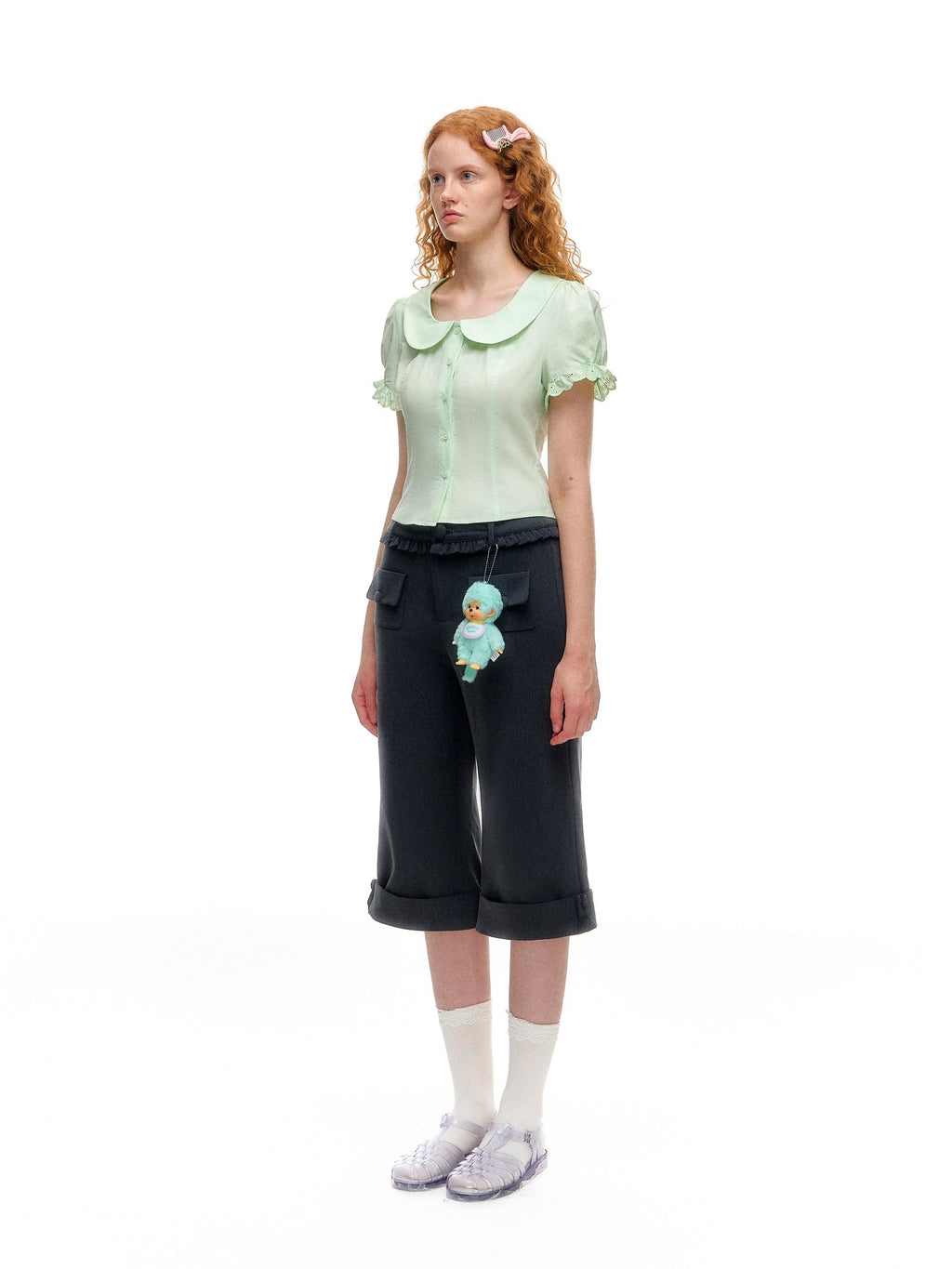 Romance Nanci Mint Green Lace Doll Collar Puff Sleeves Cropped Fitted Waist Women's Blouses