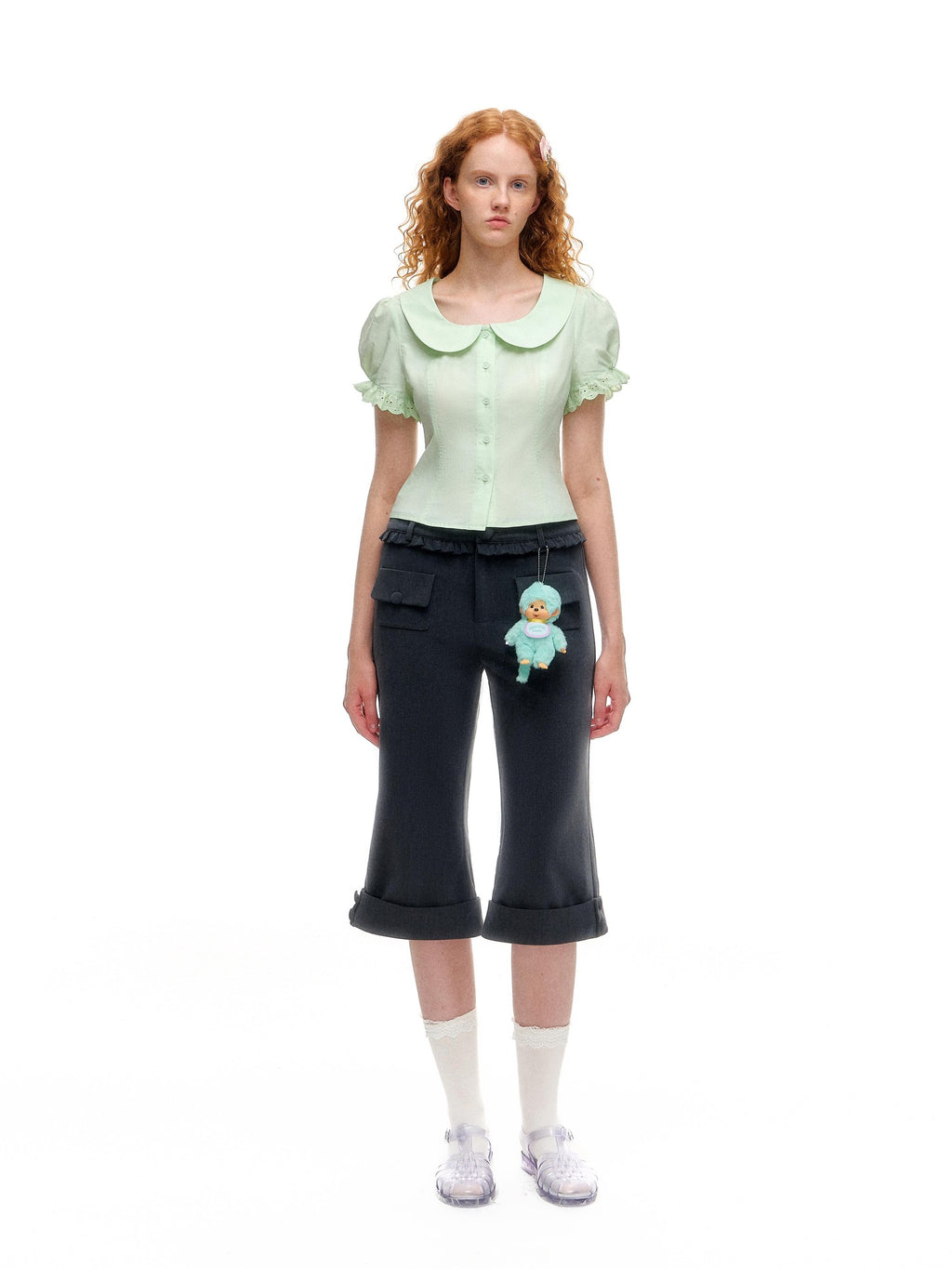 Romance Nanci Mint Green Lace Doll Collar Puff Sleeves Cropped Fitted Waist Women's Blouses