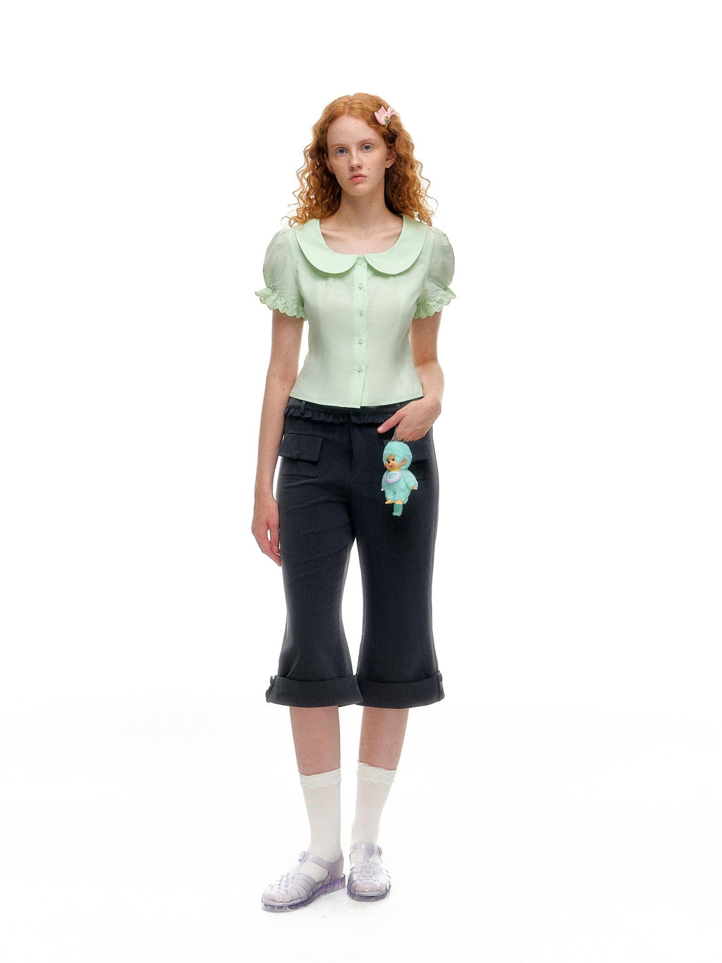Romance Nanci Mint Green Lace Doll Collar Puff Sleeves Cropped Fitted Waist Women's Blouses