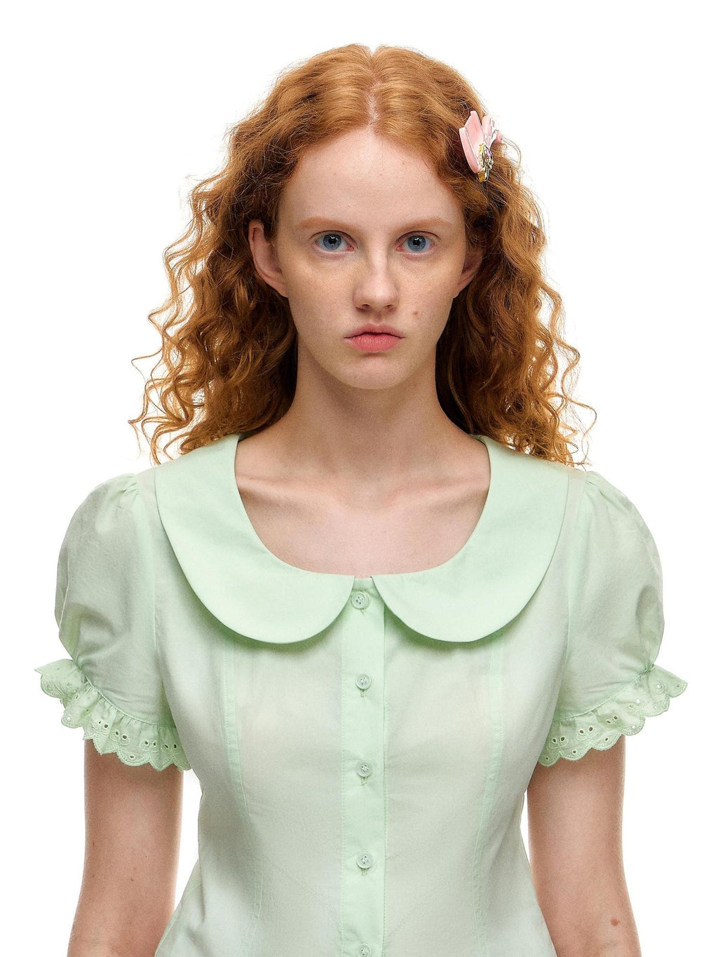 Romance Nanci Mint Green Lace Doll Collar Puff Sleeves Cropped Fitted Waist Women's Blouses