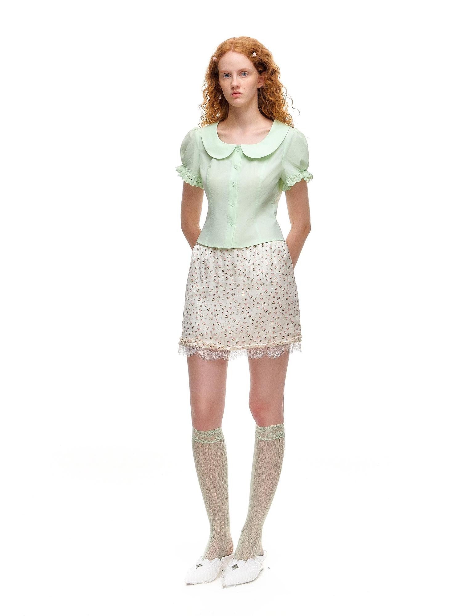 Romance Nanci Mint Green Lace Doll Collar Puff Sleeves Cropped Fitted Waist Women's Blouses