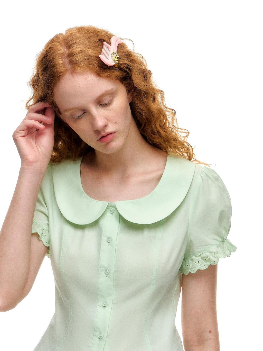 Romance Nanci Mint Green Lace Doll Collar Puff Sleeves Cropped Fitted Waist Women's Blouses