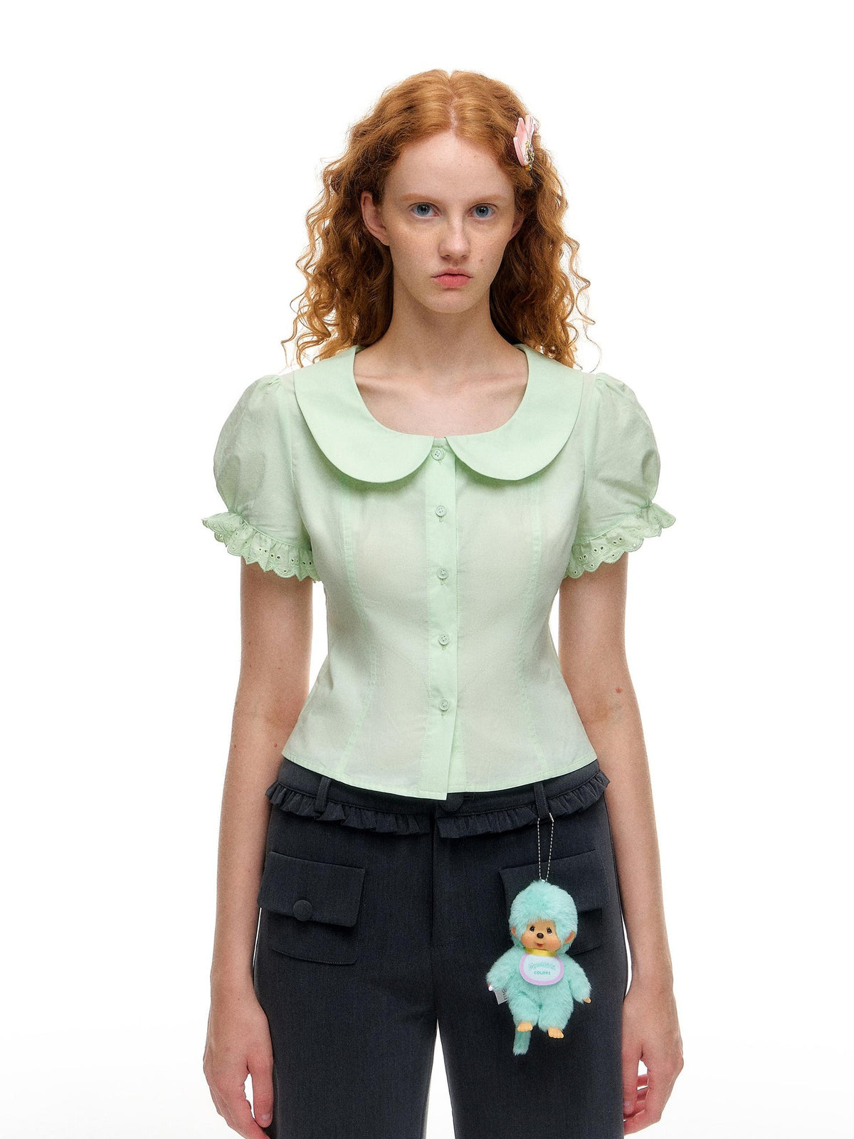 Romance Nanci Mint Green Lace Doll Collar Puff Sleeves Cropped Fitted Waist Women's Blouses