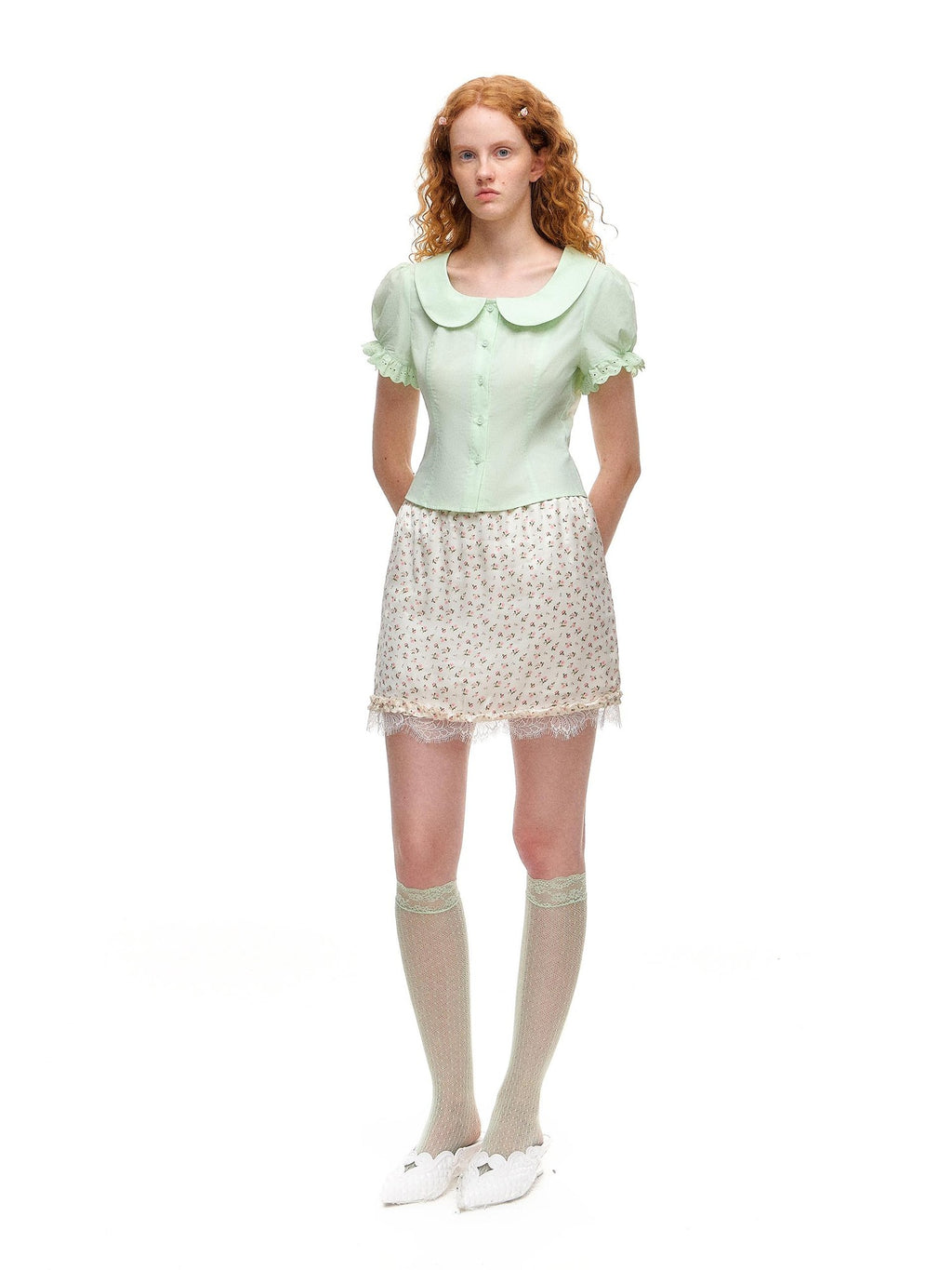 Romance Nanci Mint Green Lace Doll Collar Puff Sleeves Cropped Fitted Waist Women's Blouses