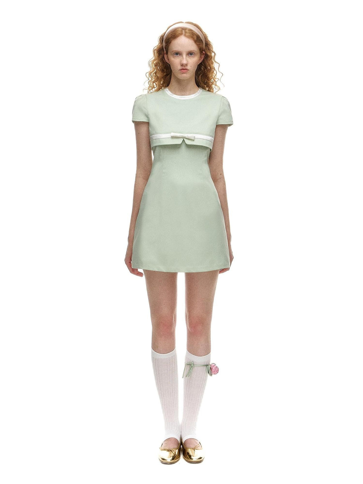 Romance Nanci Mint Green Stand Collar Faux Two Piece A Line Women's Casual Mini Dresses