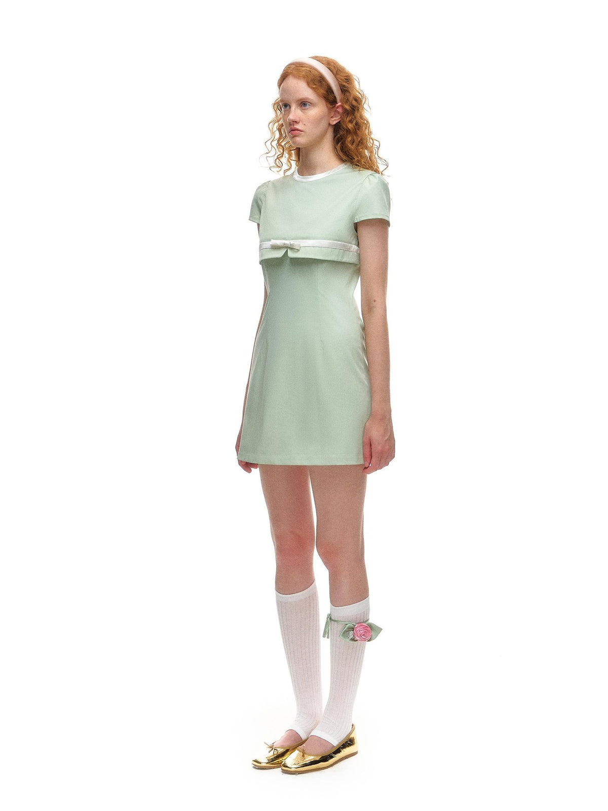 Romance Nanci Mint Green Stand Collar Faux Two Piece A Line Women's Casual Mini Dresses