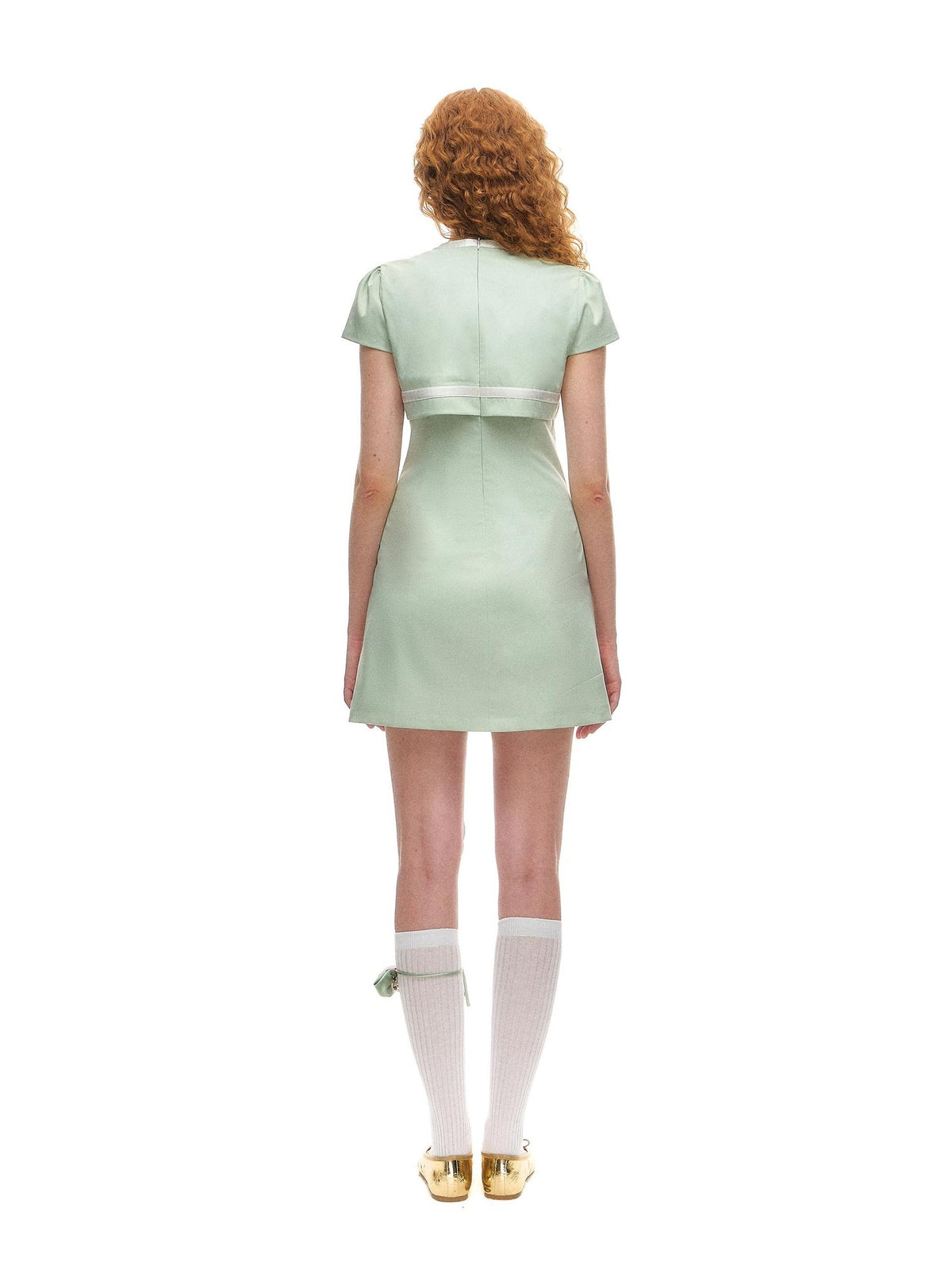 Romance Nanci Mint Green Stand Collar Faux Two Piece A Line Women's Casual Mini Dresses