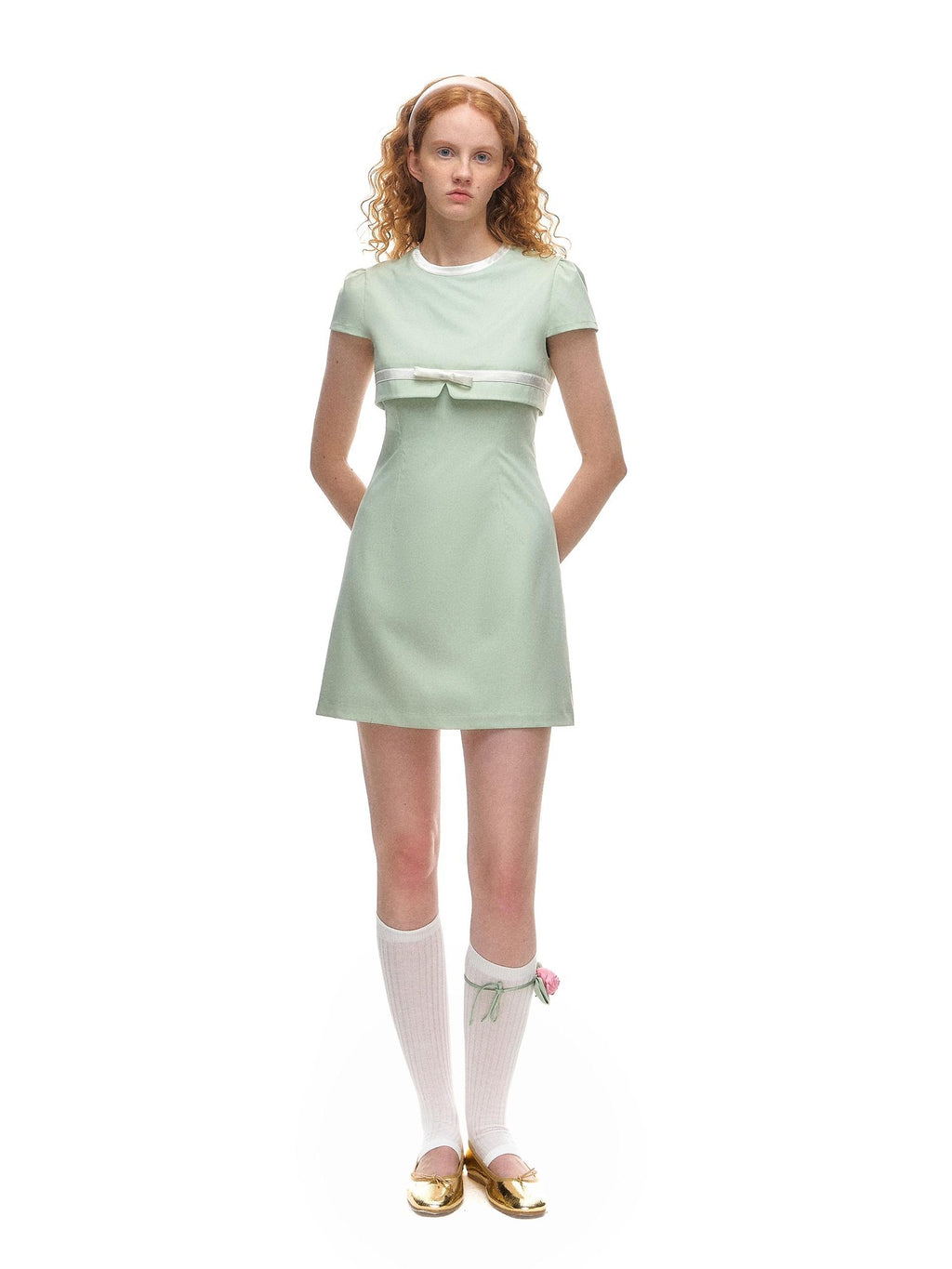 Romance Nanci Mint Green Stand Collar Faux Two Piece A Line Women's Casual Mini Dresses