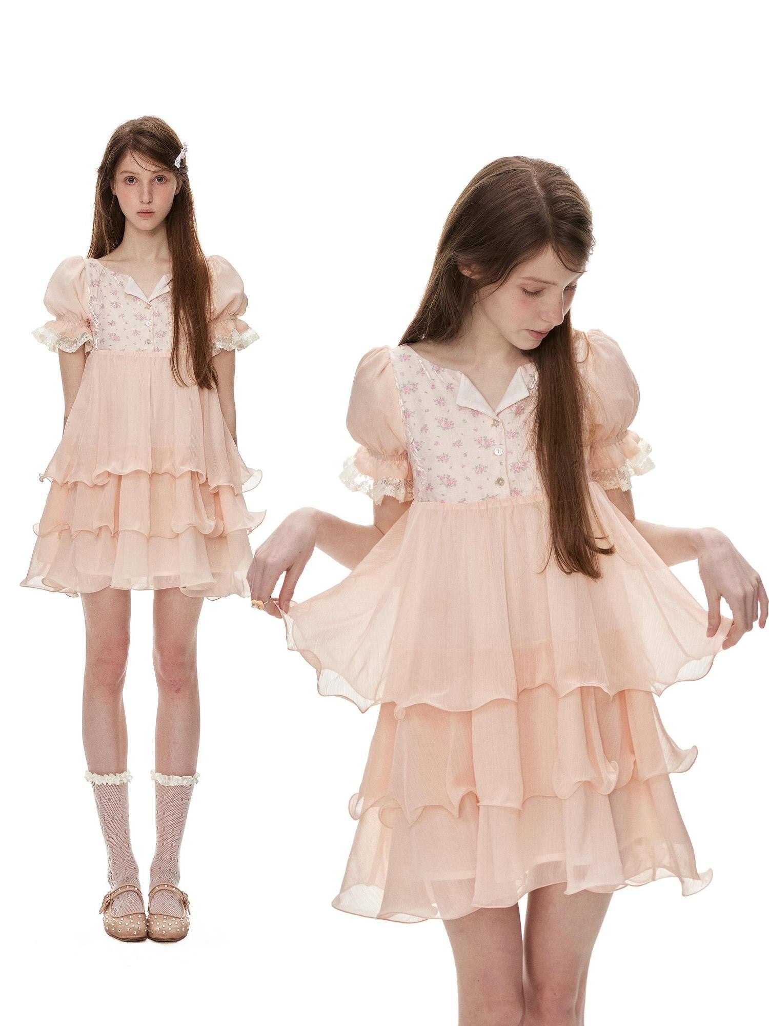 Romance Nanci Orange Pink Floral Patchwork Puff Sleeve Women's Chiffon Babydoll Mini Dresses