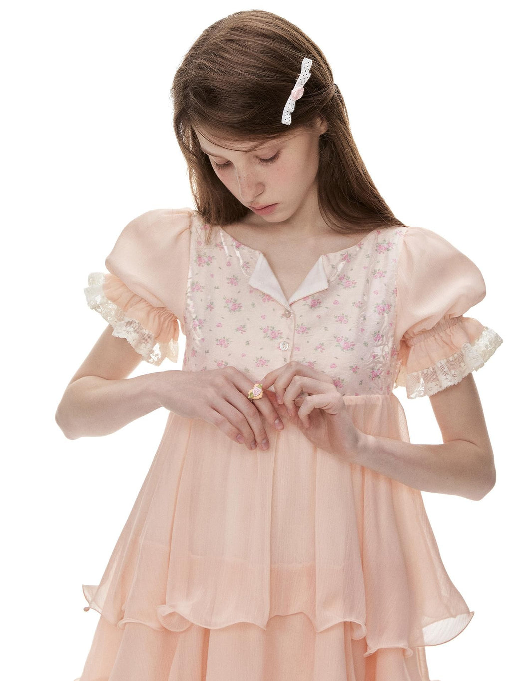 Romance Nanci Orange Pink Floral Patchwork Puff Sleeve Women's Chiffon Babydoll Mini Dresses