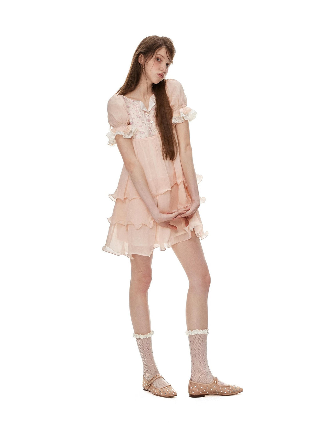 Romance Nanci Orange Pink Floral Patchwork Puff Sleeve Women's Chiffon Babydoll Mini Dresses