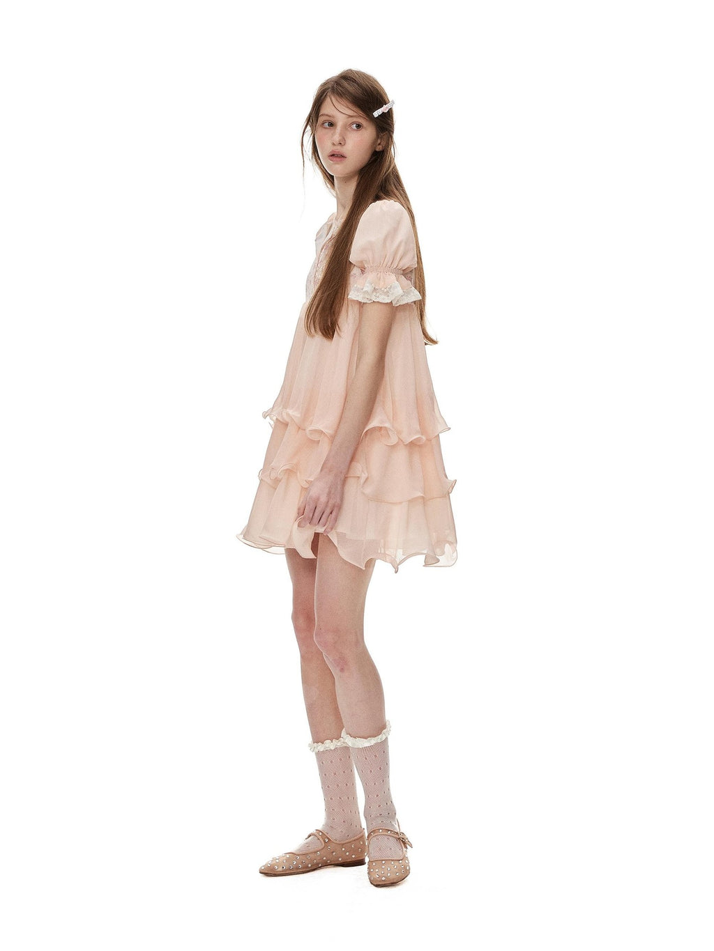 Romance Nanci Orange Pink Floral Patchwork Puff Sleeve Women's Chiffon Babydoll Mini Dresses