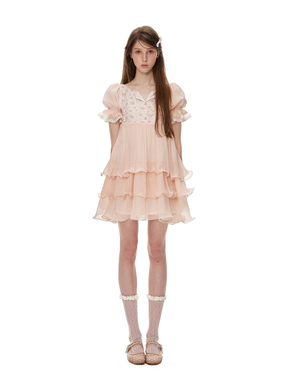 Romance Nanci Orange Pink Floral Patchwork Puff Sleeve Women's Chiffon Babydoll Mini Dresses
