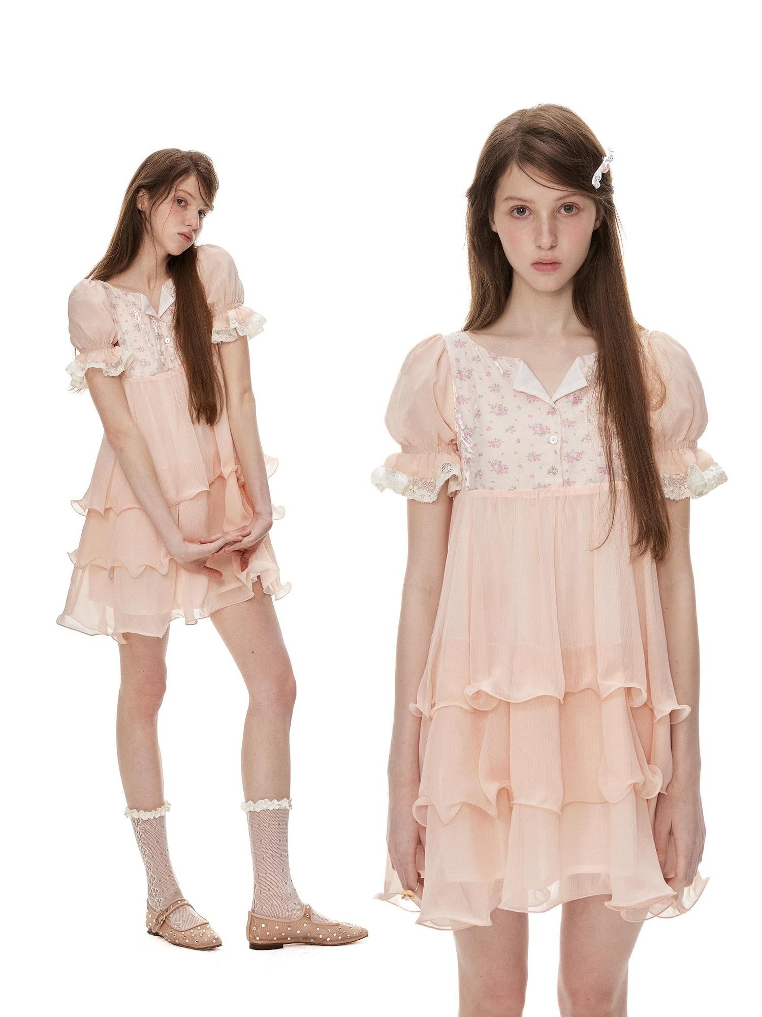 Romance Nanci Orange Pink Floral Patchwork Puff Sleeve Women's Chiffon Babydoll Mini Dresses