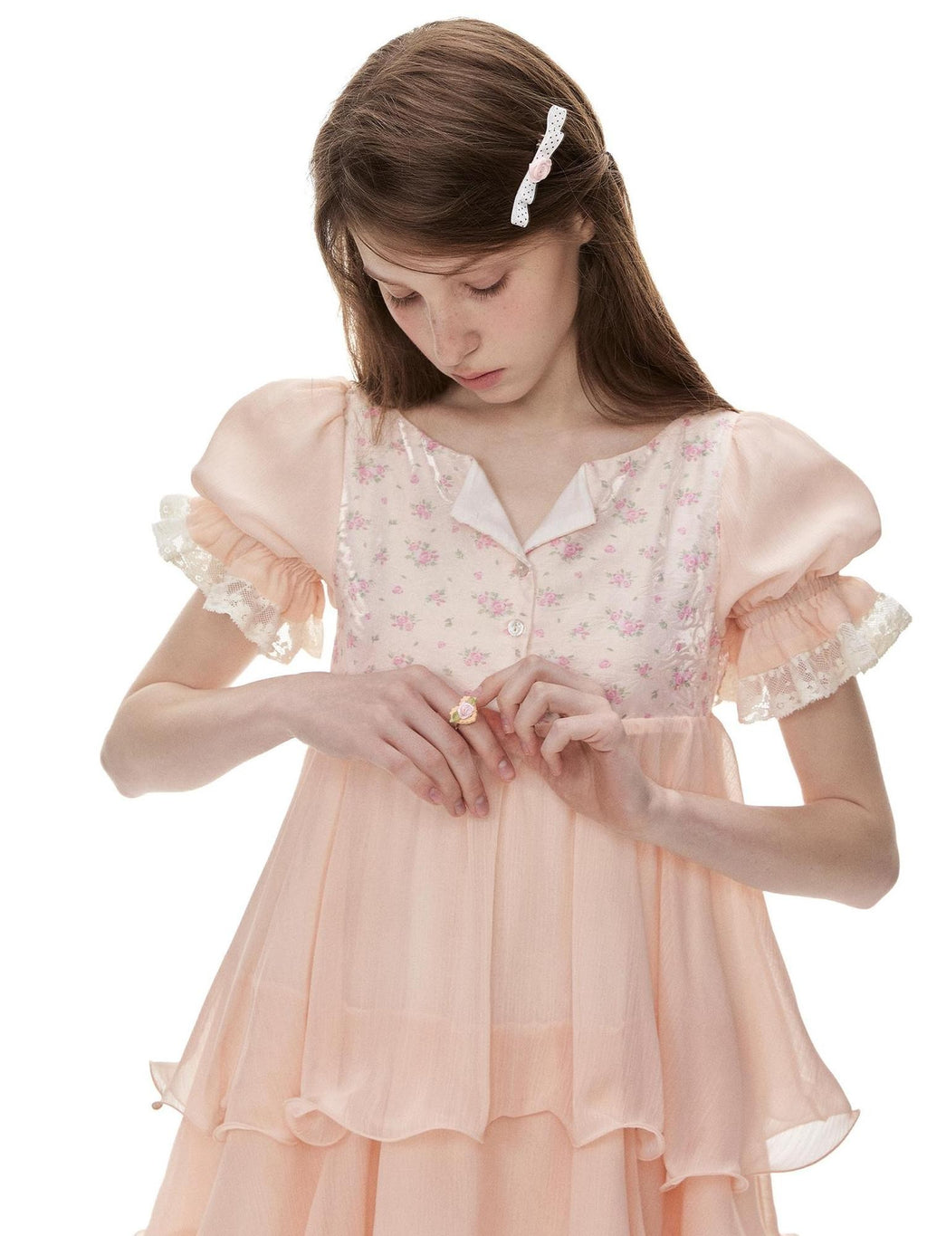 Romance Nanci Orange Pink Floral Patchwork Puff Sleeve Women's Chiffon Babydoll Mini Dresses