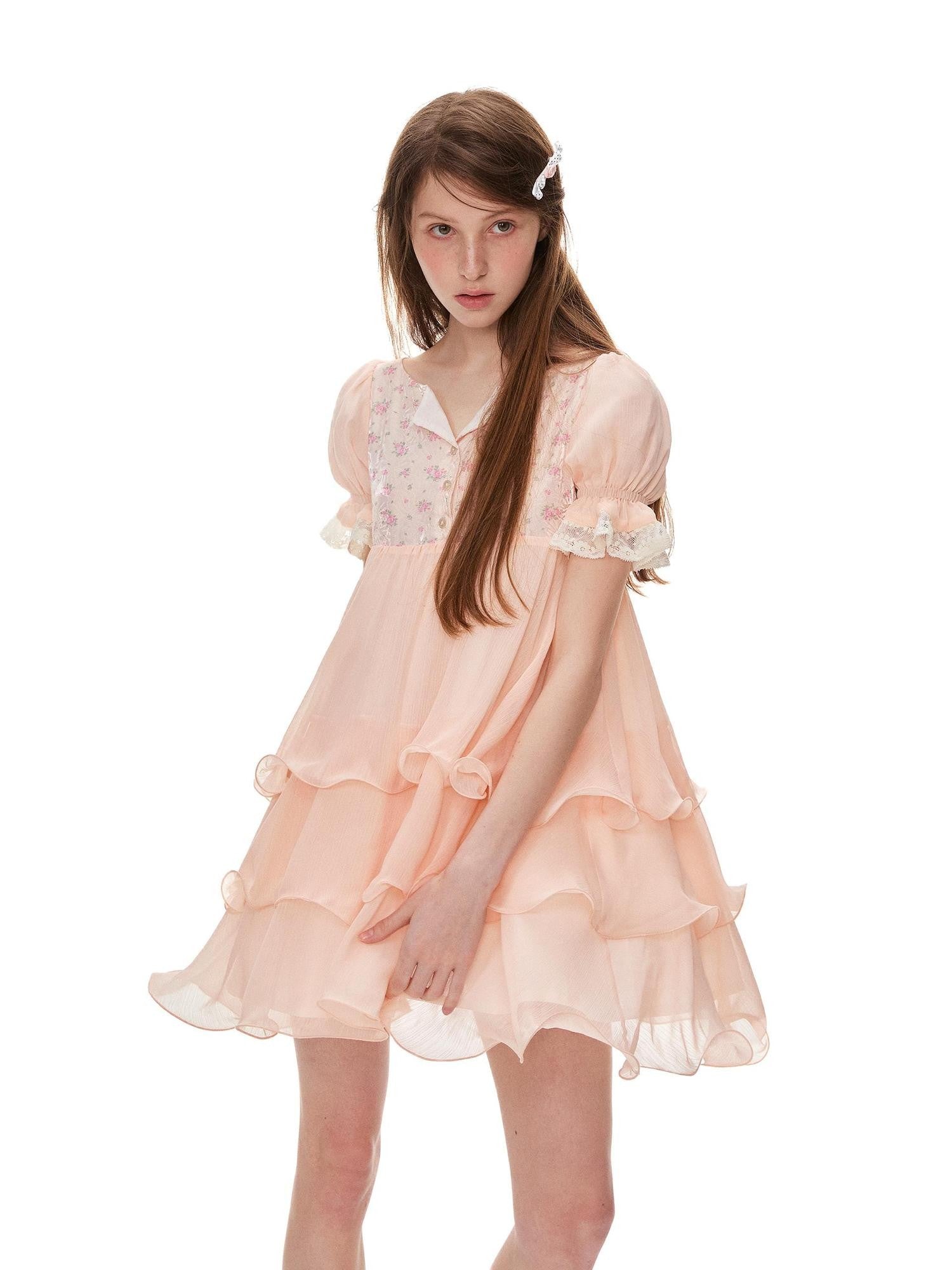Romance Nanci Orange Pink Floral Patchwork Puff Sleeve Women's Chiffon Babydoll Mini Dresses