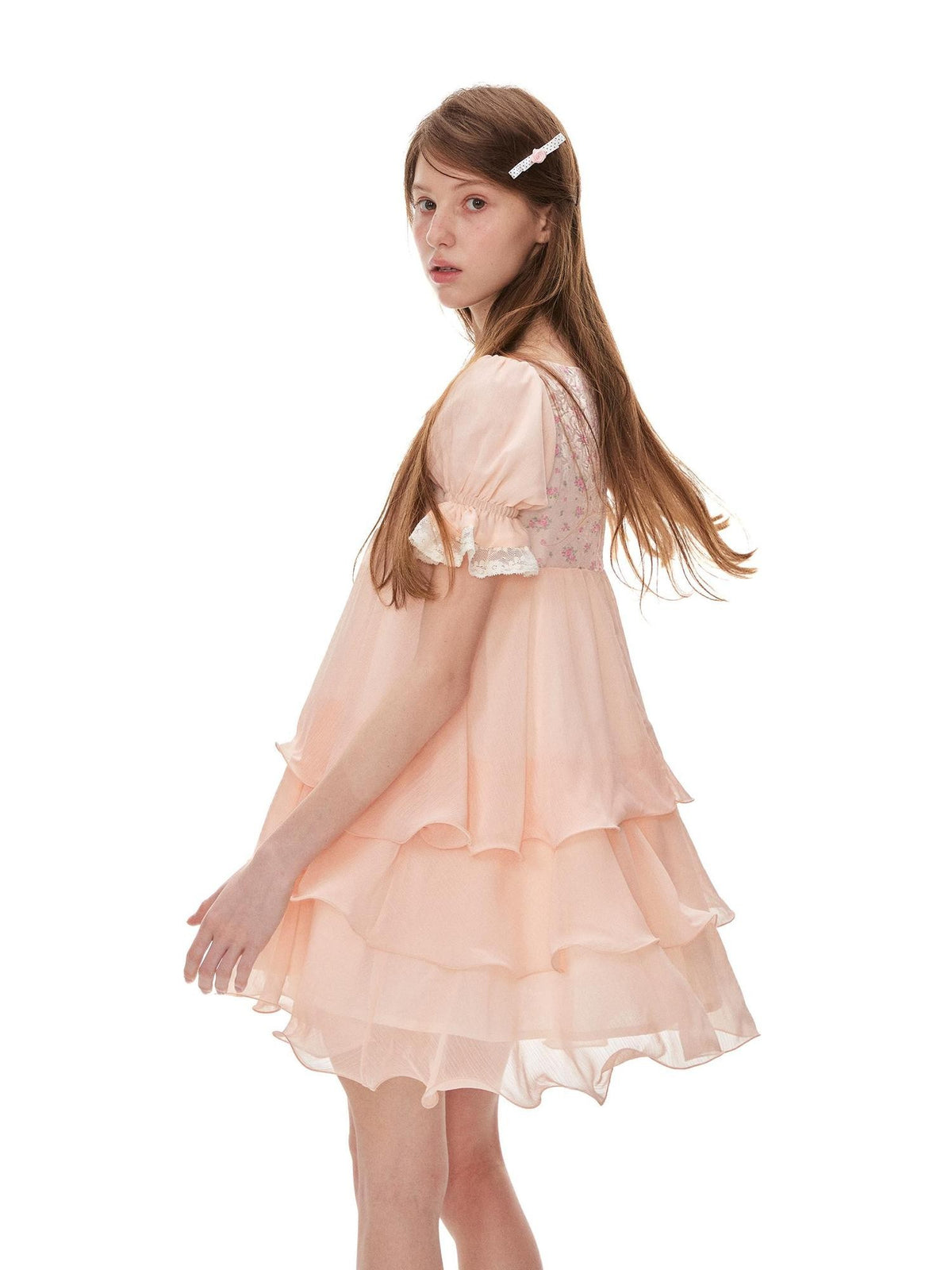 Romance Nanci Orange Pink Floral Patchwork Puff Sleeve Women's Chiffon Babydoll Mini Dresses