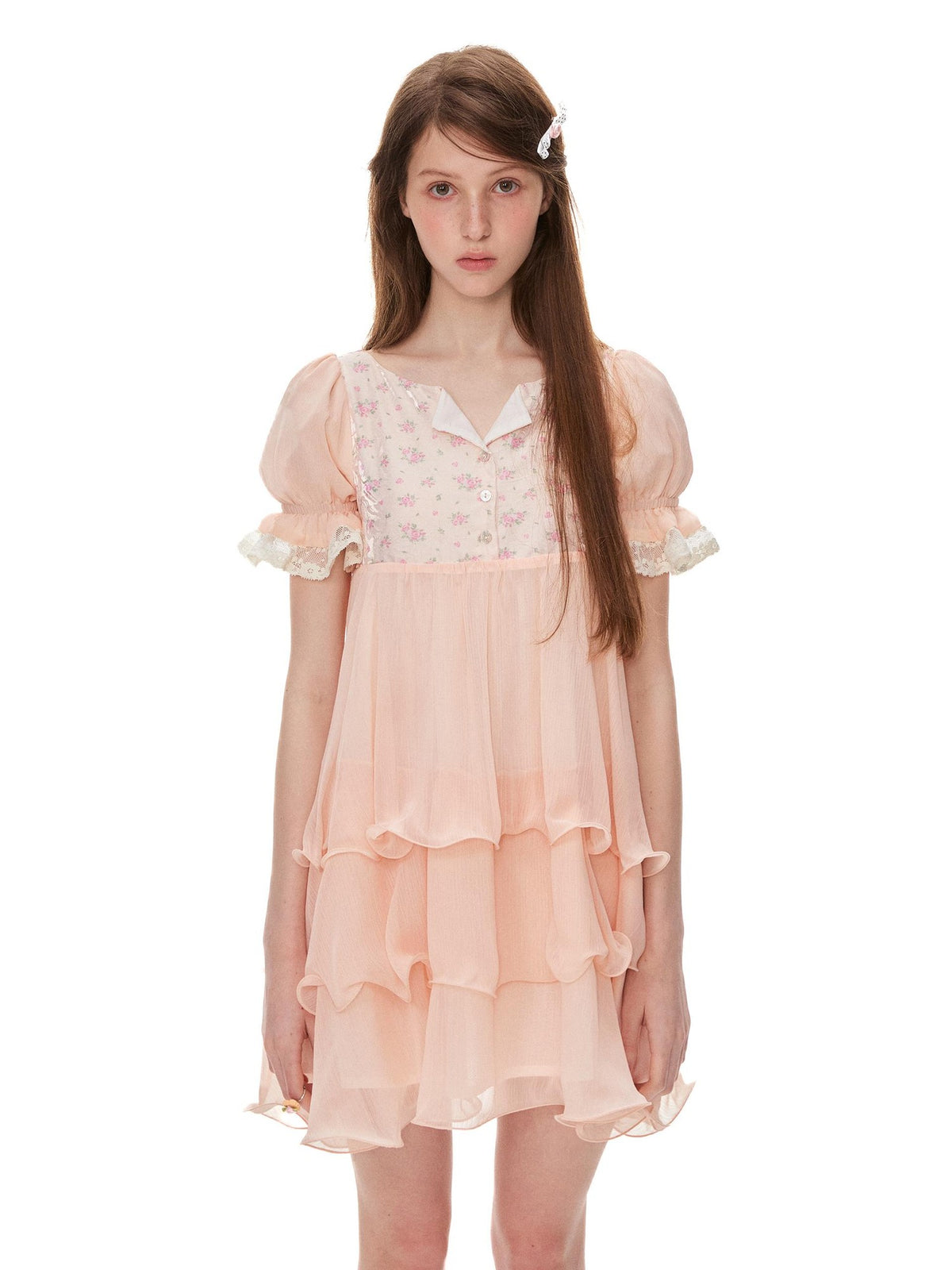 Romance Nanci Orange Pink Floral Patchwork Puff Sleeve Women's Chiffon Babydoll Mini Dresses