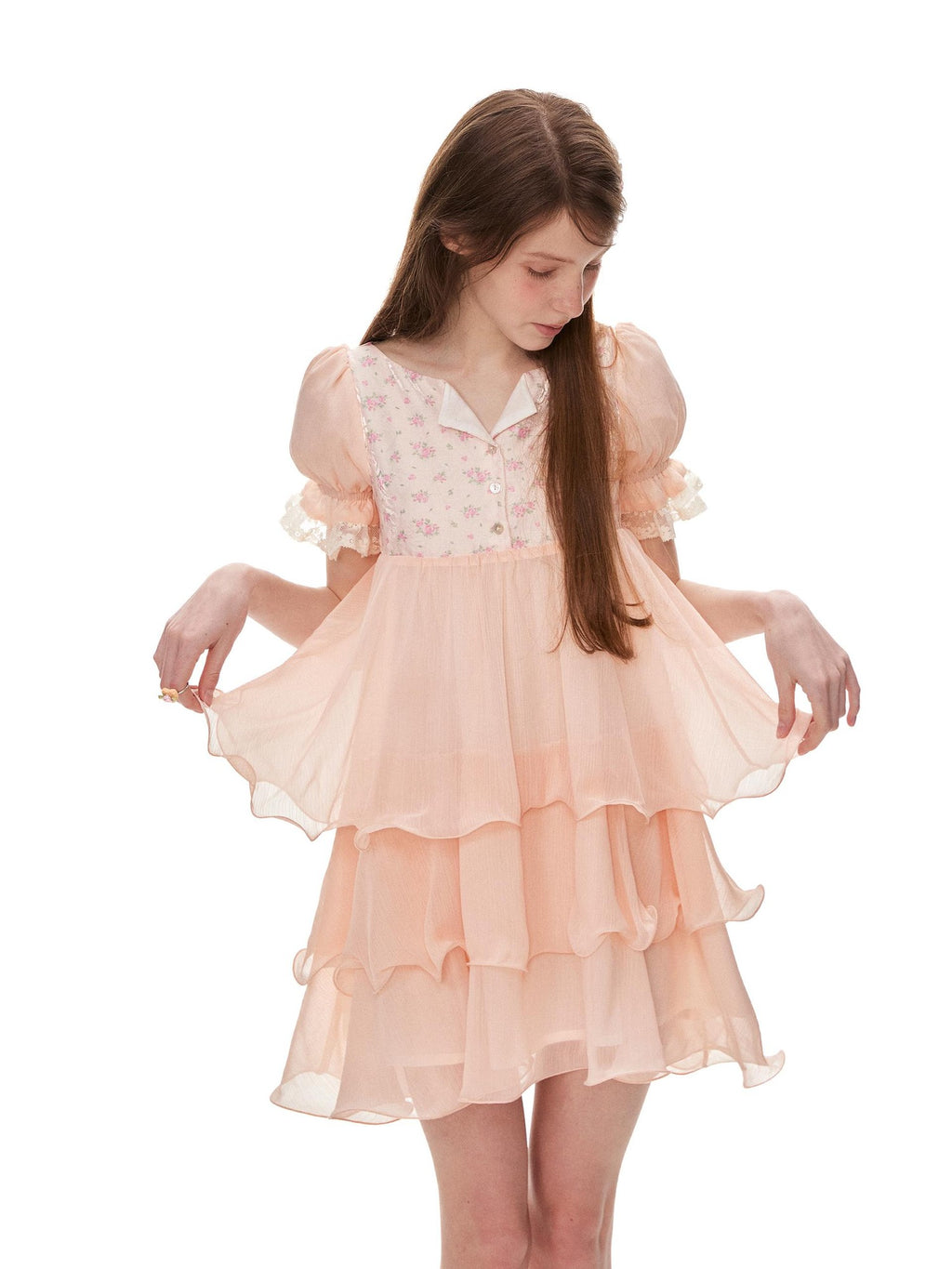 Romance Nanci Orange Pink Floral Patchwork Puff Sleeve Women's Chiffon Babydoll Mini Dresses