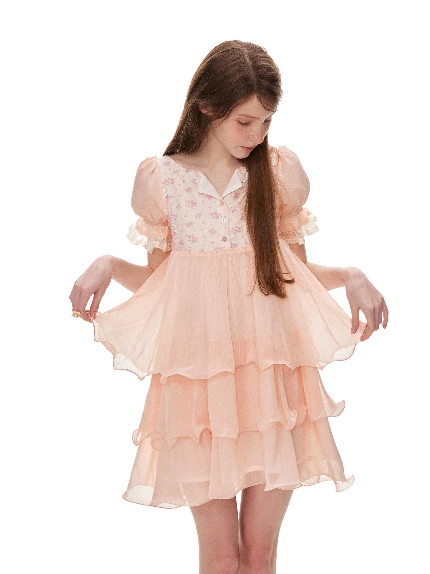 Romance Nanci Orange Pink Floral Patchwork Puff Sleeve Women's Chiffon Babydoll Mini Dresses