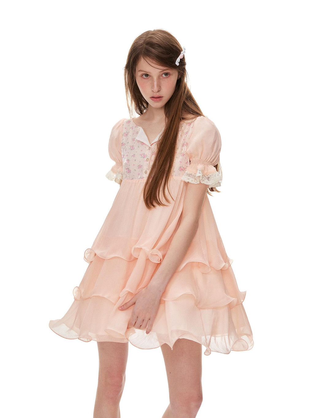 Romance Nanci Orange Pink Floral Patchwork Puff Sleeve Women's Chiffon Babydoll Mini Dresses