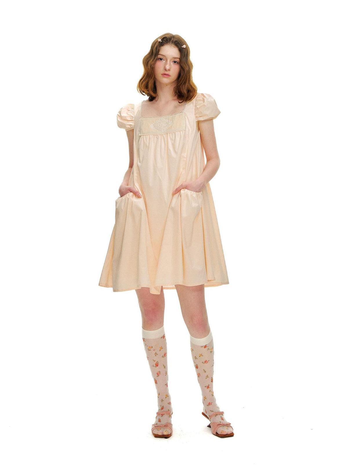 Romance Nanci Peach Pink Lace Embroidered Women's Cotton Lyocell Babydoll Mini Dresses